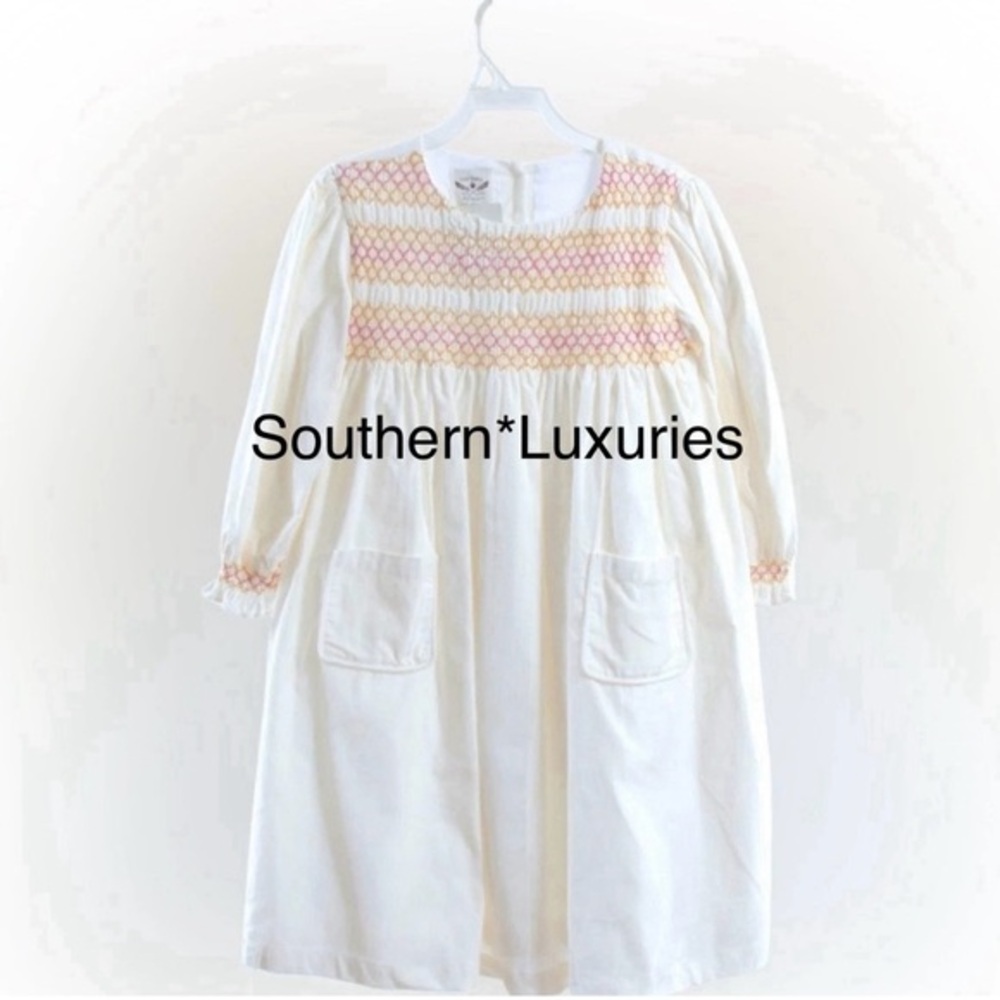 THE OAKS APPAREL Off WHITE wale CORDUROY SMOCKED DRESS Girls 8 COTTON